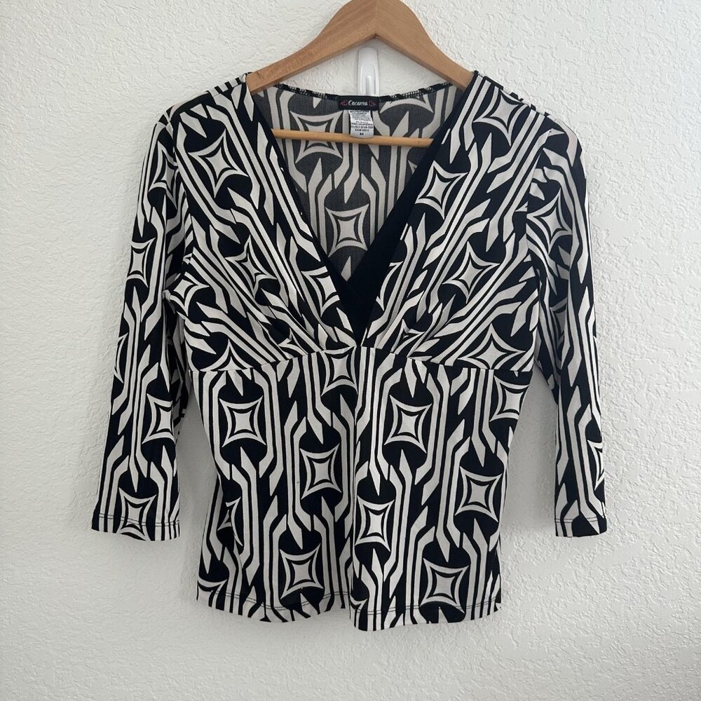 Cocomo Babydoll Blouse Womens M Black Geometric Pattern 3/4 Sleeve Stretch